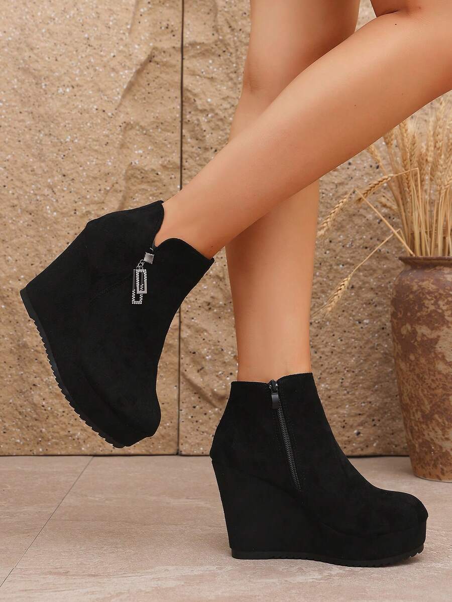 WTKMRSSTEP New Matte Wedge Heel Ankle Boots With Rhinestone Decor And Side Zipper Thick Sole For Women - Black - View 1