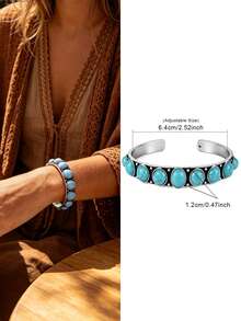 Yanxyad 1/4Pcs Western Boho Turquoise Open Cuff Bangle Set, Antique Silver Carved Cross Adjustable Bracelets For Women - Turquoise - View 11