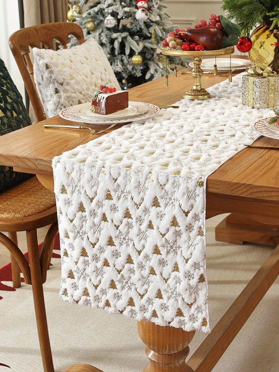 1pc Plush Gold Foil Christmas Snowflake & Christmas Tree Pattern Table Runner, Suitable For Christmas Holiday Party Decoration, Dining Table Decor - White - View 1