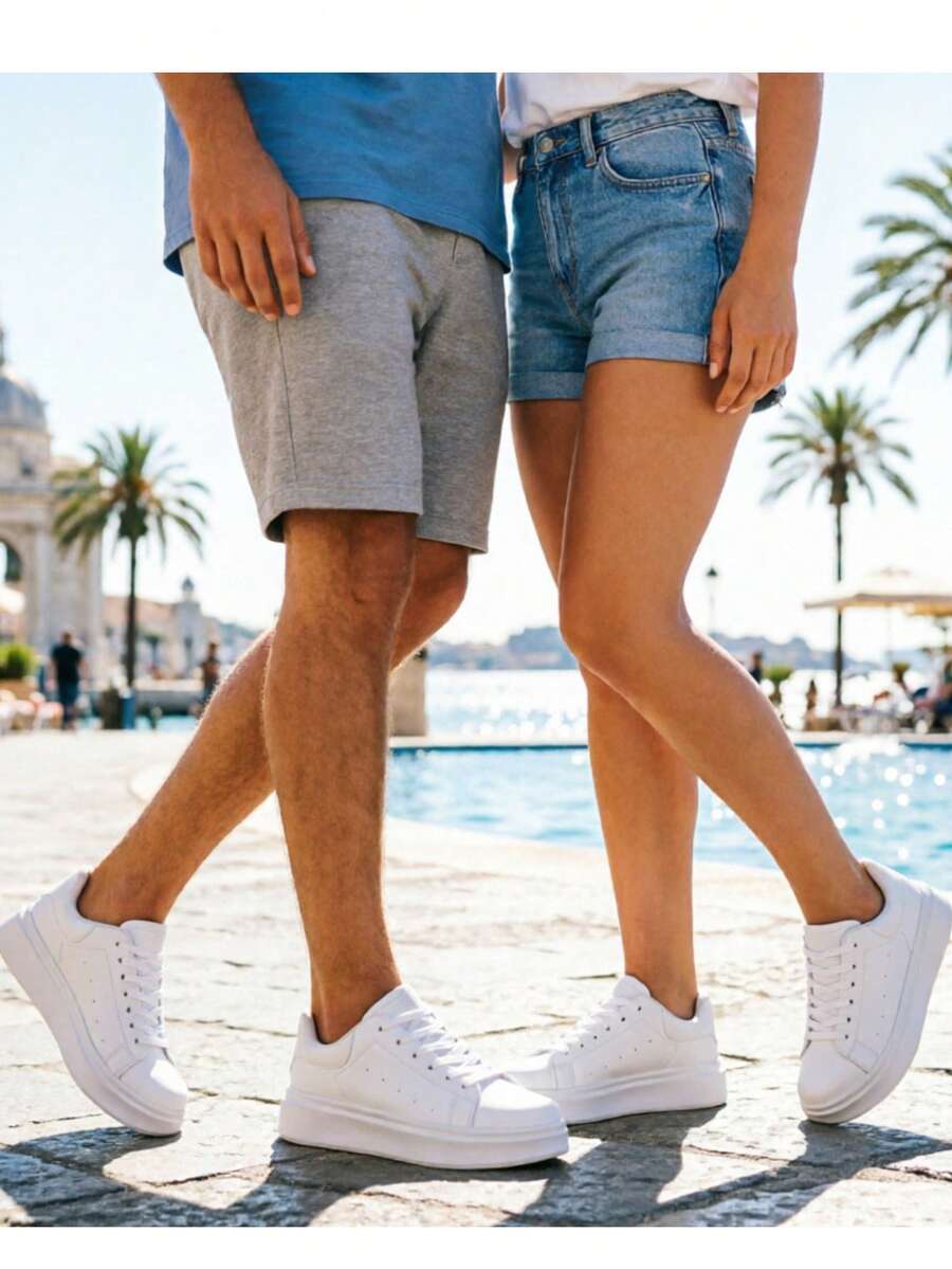 Men's Classic Minimalist White PU Patchwork Casual Thick Sole Height-Increasing Skateboard Shoes, Outdoor Preppy Style Couple Plus Size Sneakers, White Shoes