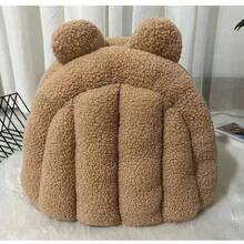 Brown Bear Ear Semi-Enclosed Pet Bed, Soft Teddy Fleece Texture Cat Cave Bed With Cushion, Suitable For Cats And Small Dogs Indoor Autumn/Winter Pet Bed, S/M/L 3 Sizes - Brown - View 6