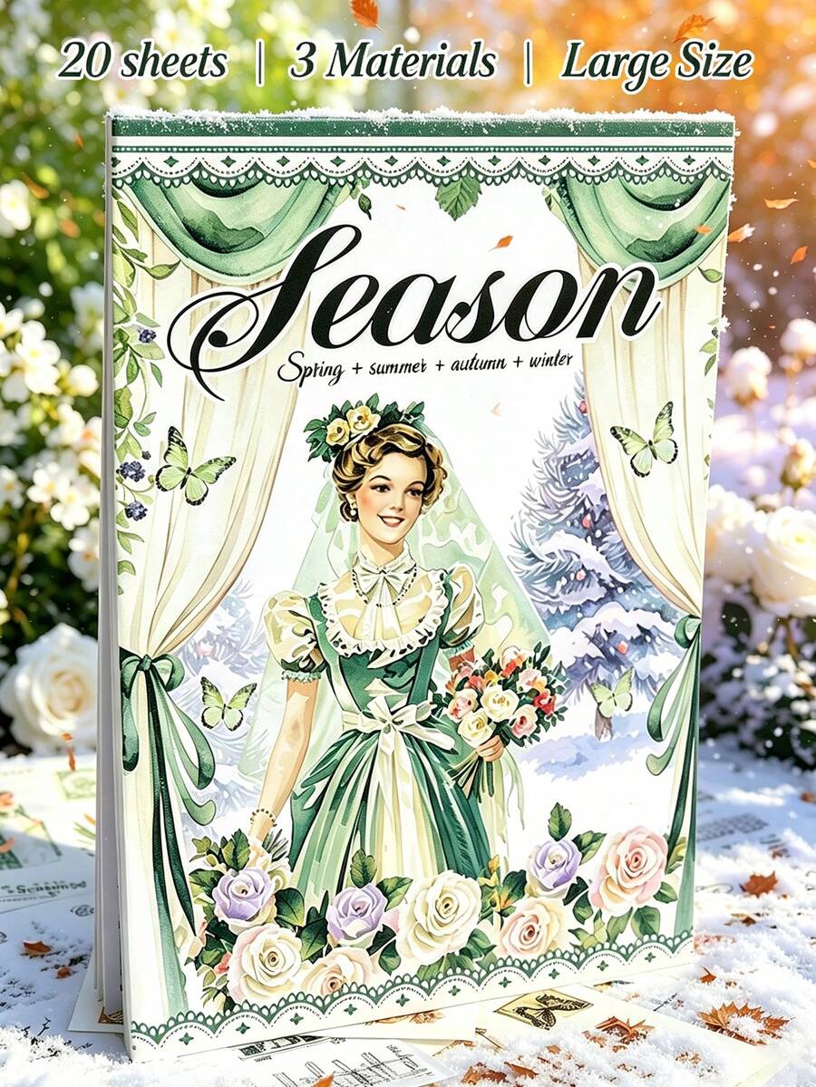 DanSoul 20Sheets Large Size Seasonal Theme Sticker Book For Adult, Pre-Cut Waterproof Three Materials Matte PET Washi Journaling Supplies, Spring Summer Autumn Winter Stickers Aesthetic For Scrapbook DIY Arts And Crafts Planner Back To School