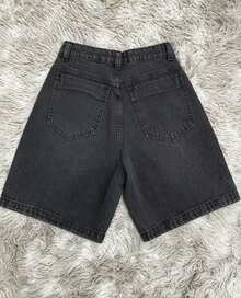 Women's Casual Denim Bermuda Shorts With Rhinestone Details, Button And Zipper Closure, Non-Stretch Fabric For Everyday Wear. - 鉛灰色亮面 - 查看 2