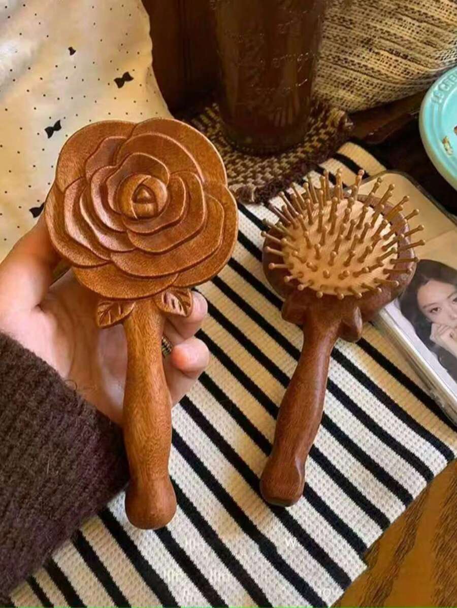 1pc Vintage Air Cushion Comb, Sandalwood Material, Handheld Makeup Cushion Design, Comfortable Scalp Massage, Home & Travel Use, Hair Styling Comb, Suitable For Home Use, Gift For Friends And Family - Brown - View 1