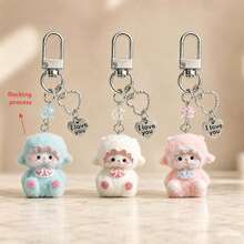 1pc/3pcs Unisex Cute Resin Flocked Sheep Animal Pendant With Beaded English Letter Charm Keychain, Gift For Friends And Besties, Cute Bag Charm - Multicolor - View 2