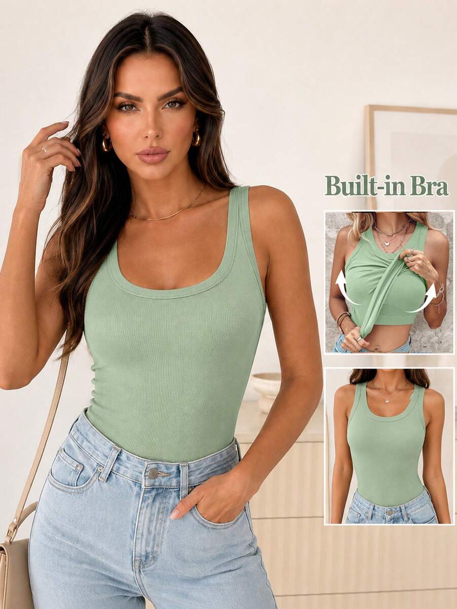 ChicMe Women's Ribbed Tank Top With Built-In Cups, Round Neck, Sleeveless, Slim Fit, Casual Basic T-Shirt, Suitable For Work, Gatherings, Daily Street Wear