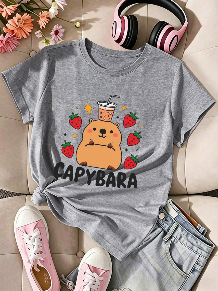 Soft Young Girls T-Shirt, Cute Capybara And Strawberry Print, Crew Neck Short Sleeve Casual Top, Suitable For Daily Wear, Graphic Print Design - Gray - View 1