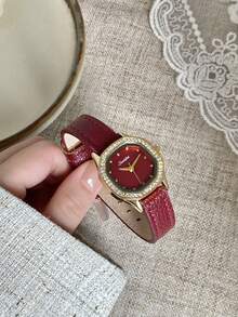 1pc Women's Fashion High-End Oval Roman Numeral Full Rhinestone Watch, Quartz Movement, Versatile Style - Red - View 3