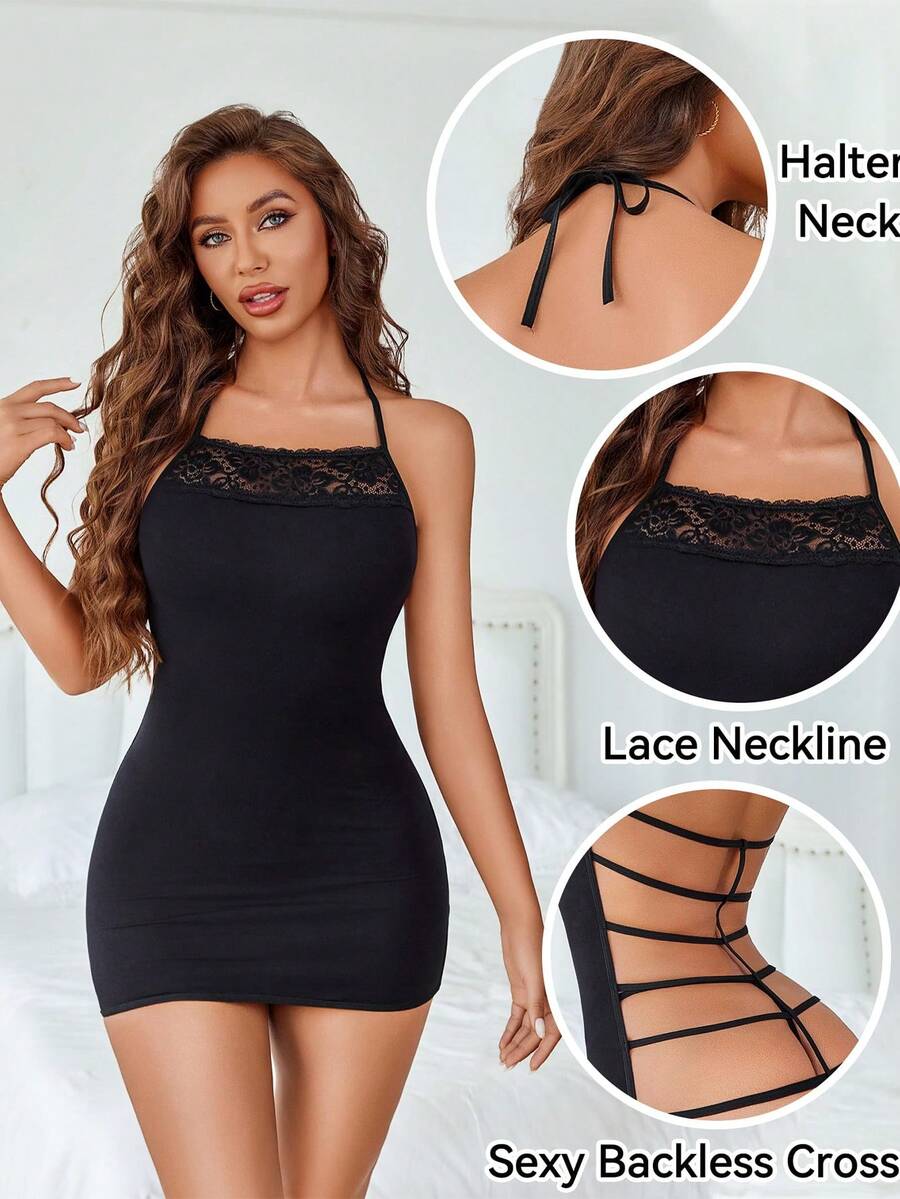 DITZN Women's Sexy Lingerie, Figure-Hugging Lace-Collar Nightgown
