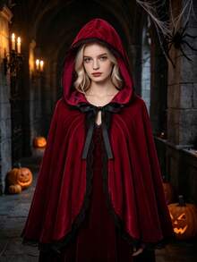 1 Pieza Capa con Capucha de Terciopelo Gótico para Mujer, Capa de Caperucita Roja para Cosplay con Ribete de Encaje en Contraste para Halloween y Fiesta de Navidad - Burdeos - Ver 2