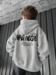 1pc Tween Boys Warm Thick Thermal Lining Hooded Sweatshirt, Student Children Autumn/Winter Long Sleeve Top - Grey - View 2