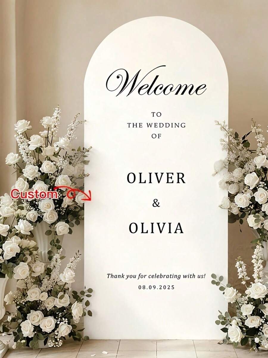 Customized Wedding Arch Fabric Decor Cover, Personalized Photo/Name/Date/Text, Polyester Double-Sided Elastic Backdrop, Party Decoration, Wedding Welcome Sign, Bridal Gift, No Power Required, Suitable For Wedding, Birthday, Party - Multicolor - View 1