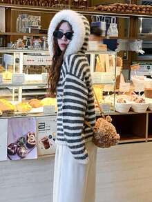 Women's Autumn/Winter Loose Slouchy Colorblock Striped Hooded Knit Cardigan Sweater Jacket With Fur Collar - Dark Grey - View 6