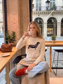 Women's Autumn/Winter Casual Retro Dachshund Graphic Sweater Fall Vacation - Beige - View 3