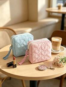 1/5pcs Heart-Shaped Quilted Mini Zipper Storage Bag, Tassel Zipper Portable Small Square Pouch, Soft Cosmetic Jewelry Earphone Organizer, Suitable For Travel And Daily Use,Travel Essential - Multicolor - View 6