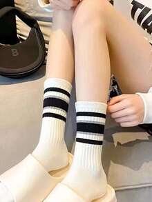 5 Pairs Mixed Color Striped Outdoor Sports Socks, Breathable Mid-Calf Socks, Women's Multi-Purpose Opaque Socks - Multicolor - View 8