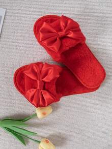 NOBLEARL 1 Pasang Sandal Rumah Wanita Modis Musim Gugur/Dingin Warna Merah Berbulu Lembut dengan Desain Pita Besar untuk di Rumah - Merah - View 6