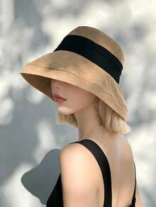 Korean Style Khaki Linen Wide Brim Sun Hat For Women, Soft Floppy Bucket Hat With Black Pleated Ribbon, Foldable UV Protection Vacation Beach Hat - Multicolor - View 8