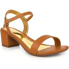 Sandália Feminina Salto Bloco Médio 6 cm Confortável Fivela Casual Elegante Festas Trabalho Clássica - Caramelo - Visão 2