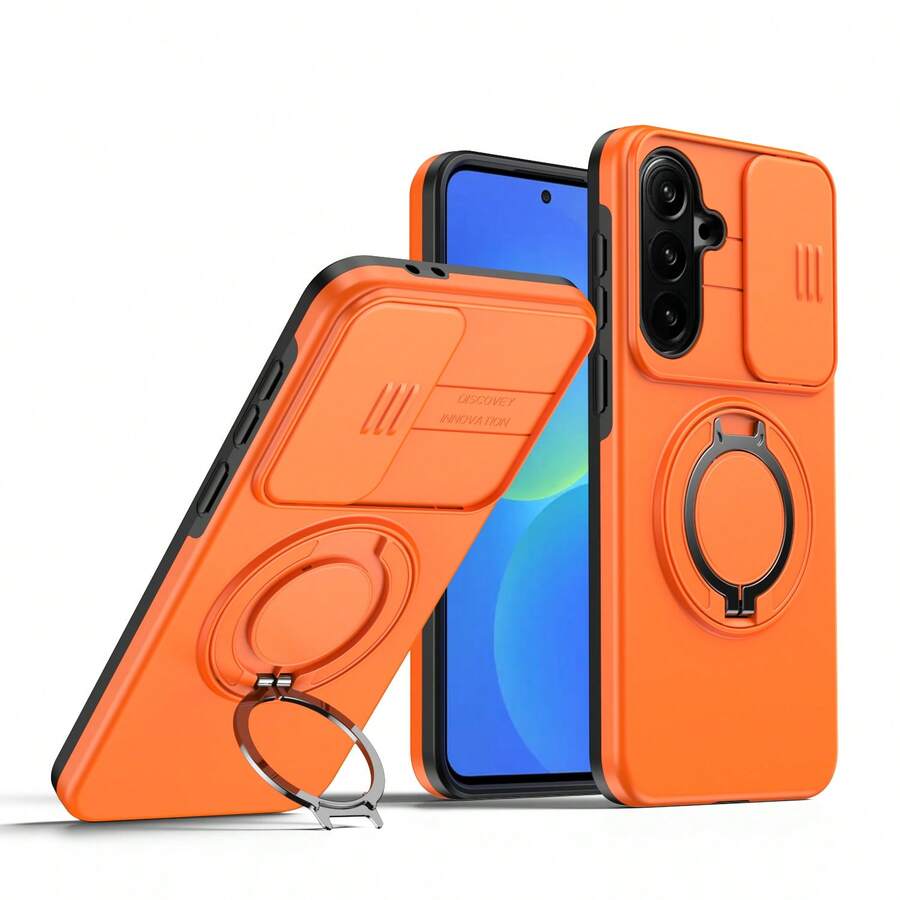Étui de téléphone compatible avec Samsung S26 Ultra A35 Couverture complète de l'objectif Couvercle coulissant A57 Support magnétique rotatif Étui de protection - Orange - Voir 1