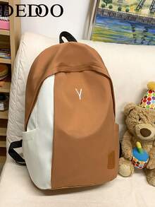 Dedoo Colorblock Zipper Backpack, Letter Embroidery & Label Details, Large Capacity, Student School Bag, Suitable For College Campus, Back To School Season Student Backpack - Brown - View 1
