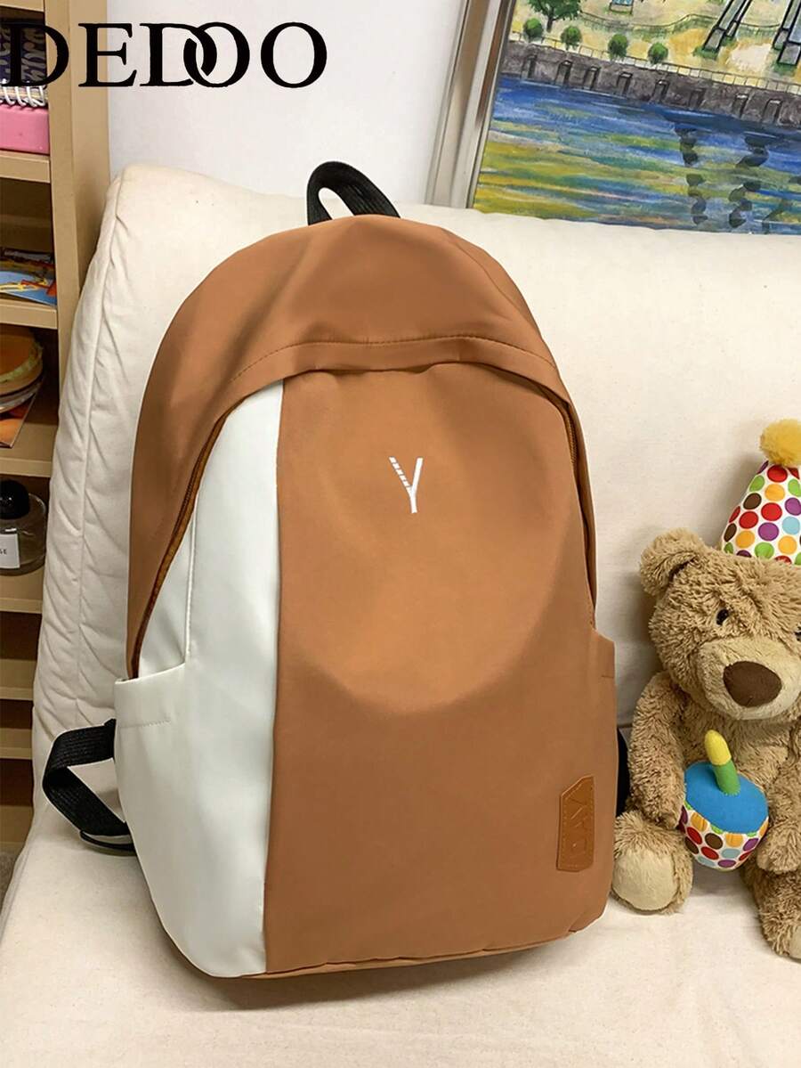 Dedoo Colorblock Zipper Backpack, Letter Embroidery & Label Details, Large Capacity, Student School Bag, Suitable For College Campus, Back To School Season Student Backpack - Brown - View 1
