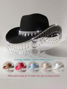 1 Piece Women's Crown Teardrop Tassel Western Cowboy Hat Travel Rhinestone Casual Party Festival Wedding Jazz Hat Suitable For Daily Wedding Party - Multicolor - View 1