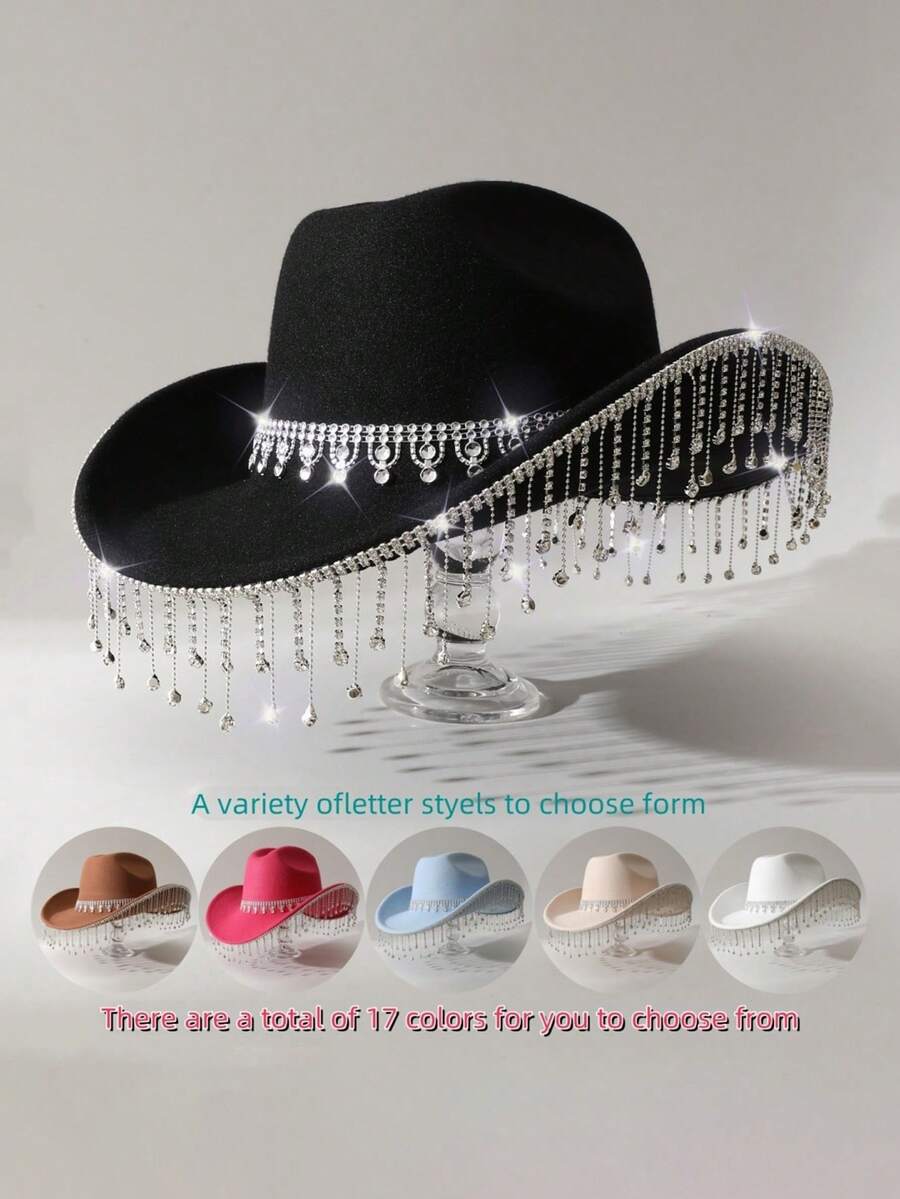 1 Piece Women's Crown Teardrop Tassel Western Cowboy Hat Travel Rhinestone Casual Party Festival Wedding Jazz Hat Suitable For Daily Wedding Party - Multicolor - View 1