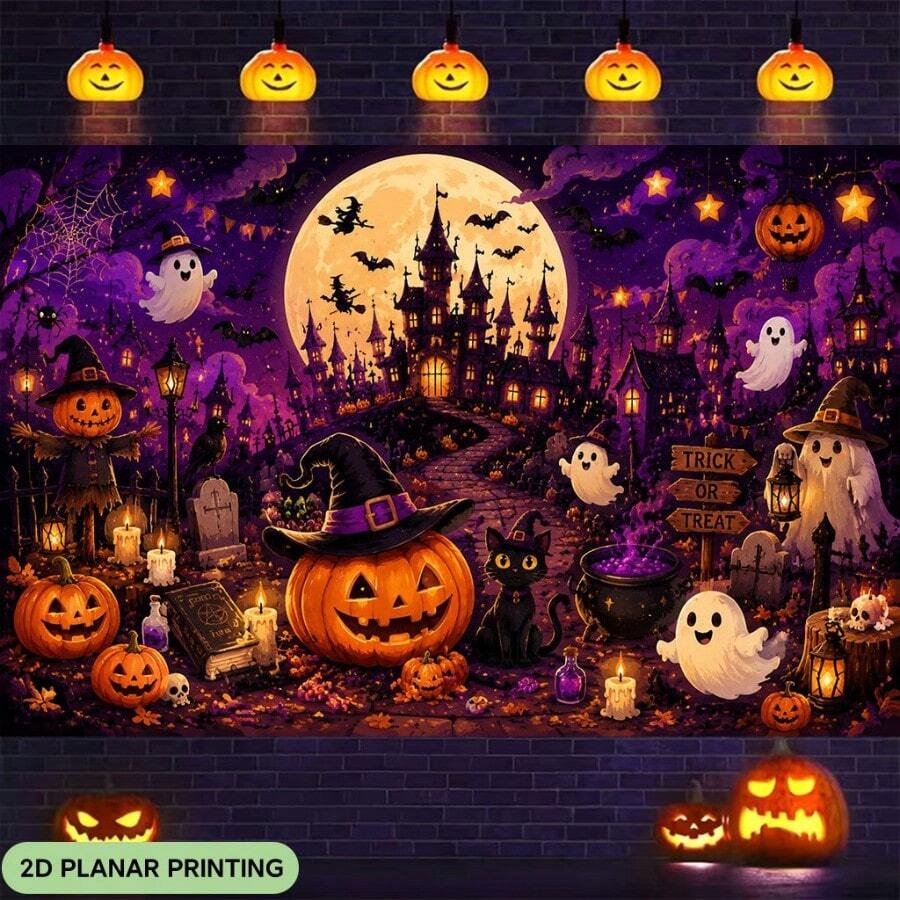 1pc 2D Flat Banner, Halloween Pumpkin House Scene, Polyester Fabric Backdrop, Photo Prop And Home Wall Hanging, Birthday Party And Autumn/Winter Party Banner, Suitable For Halloween And Christmas Decoration, Halloween Tapestry - Multicolor - View 1