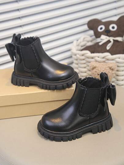 1 Pair Kids Fashion New Style Girls Boots, PU Material, Inner Zipper, Elastic Opening, Easy To Wear, Handmade Flower Petal Bow Decoration, Non-Slip Soft Durable Sole, Short Shaft Chelsea Boots, Suitable For School, Outdoor, Home, Spring, Summer, Autumn, Daily Wear, School Shoes