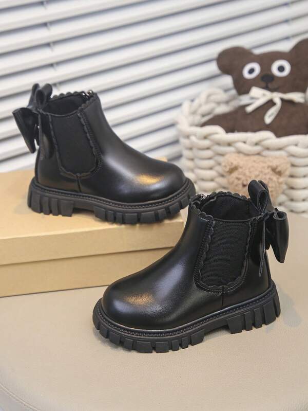 1 Pair Kids Fashion New Style Girls Boots, PU Material, Inner Zipper, Elastic Opening, Easy To Wear, Handmade Flower Petal Bow Decoration, Non-Slip Soft Durable Sole, Short Shaft Chelsea Boots, Suitable For School, Outdoor, Home, Spring, Summer, Autumn, Daily Wear, School Shoes