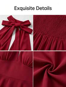 Women's Elegant Solid Color Backless Halter Mid-Length Dress, Elegant Autumn Party Outfit - Red - View 3