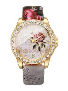 Vintage Style Women's Wristwatch With Rhinestone Case, Rose Dial, Floral Print PU Leather Strap, Quartz Watch, Gift For Girlfriend (1pc/Set) Watch Box Not Included, Note: The Print Position On The Strap Is Random And Cannot Be Consistent! - Grey - View 9