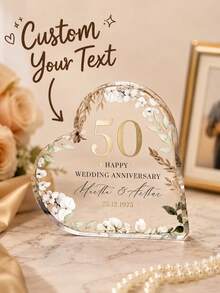 Personalized 50th Wedding Anniversary Gift, Custom Gold Heart-Shaped Acrylic Plaque Engraved With Names And Date, Golden Anniversary Keepsake - Birthday Card Brick - View 1