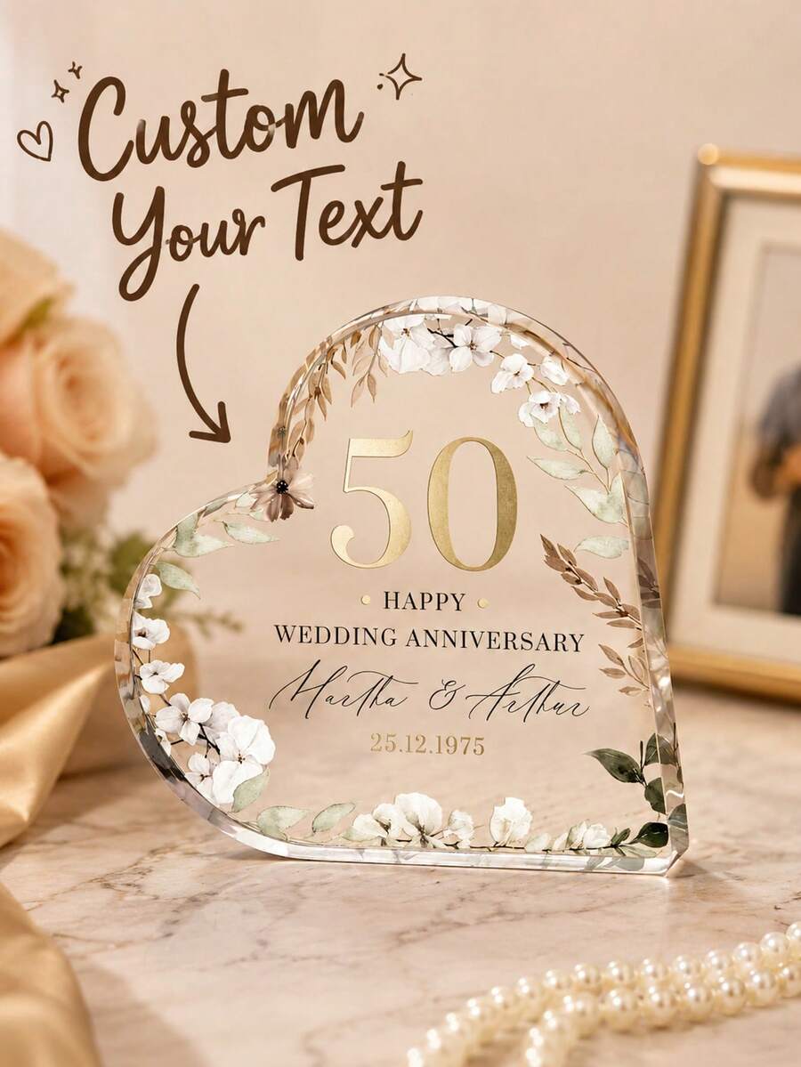 Personalized 50th Wedding Anniversary Gift, Custom Gold Heart-Shaped Acrylic Plaque Engraved With Names And Date, Golden Anniversary Keepsake - Birthday Card Brick - View 1