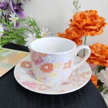 250ml 花卉陶瓷咖啡杯與杯碟套組，歐式下午茶套組，極具吸引力，適合居家使用與送禮 - 橘+粉 - 查看 3