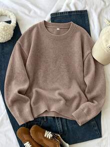 Plus Size Women's Autumn/Winter Fashion Crew Neck Sweater - Khaki - View 1