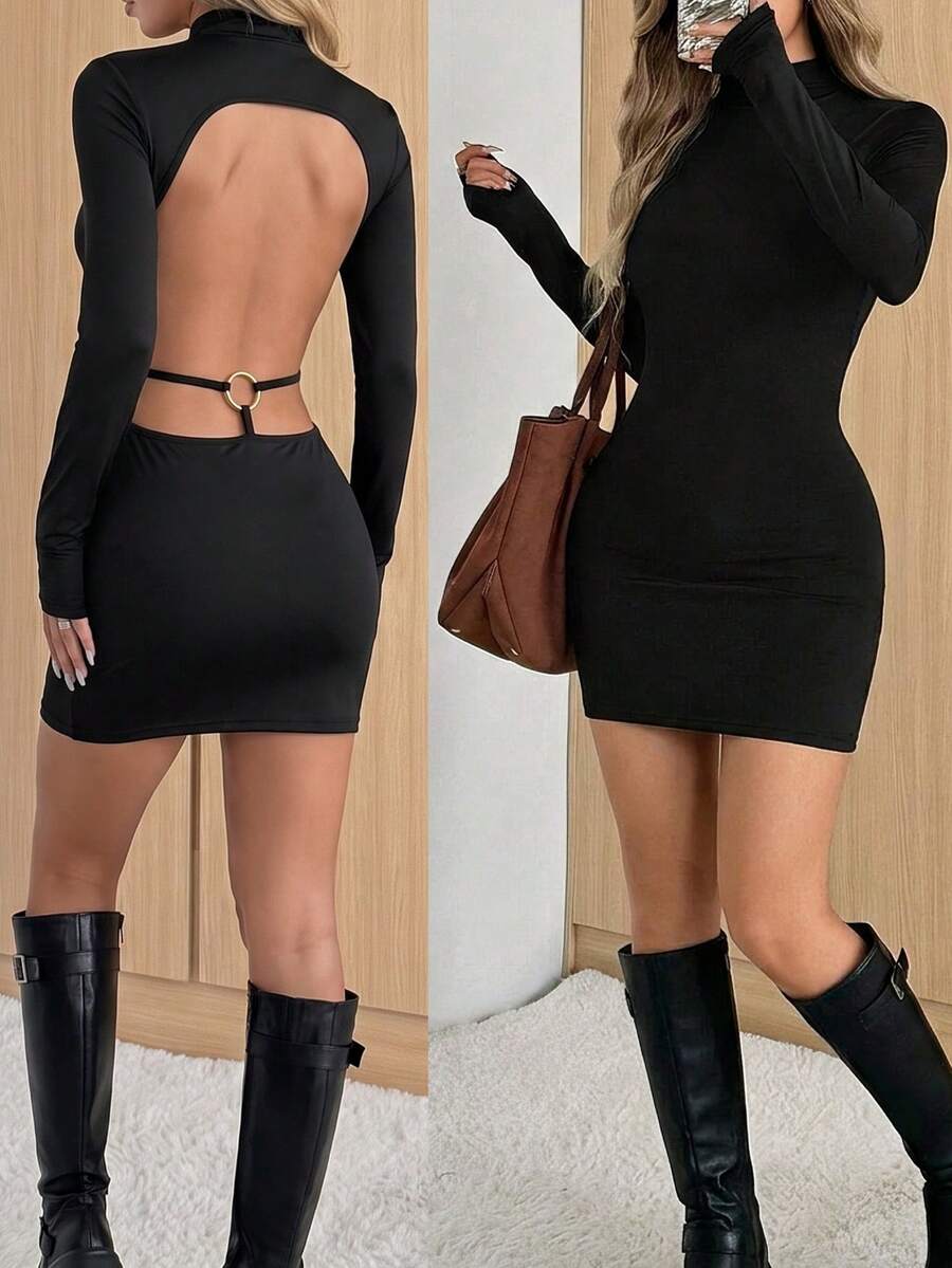 Sexy Style Semi-High Neck Long Sleeve Base Layer Dress, Solid Color Elastic Slim Fit Bodycon Mini Dress - Black - View 1