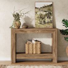 LITTLE TREE 105cm Farmhouse Console Table, Behind Couch Sofa Table With Open Storage Shelves For Living Room, Hallway, Foyer, Easy Assembly - Light Brown - View 4