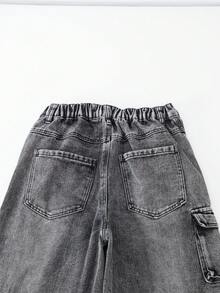 Teen Girls Dark Gray Multi-Pocket Cargo Denim Loose Straight Wide Leg Pants, All-Season Fashion Style - Black - View 8
