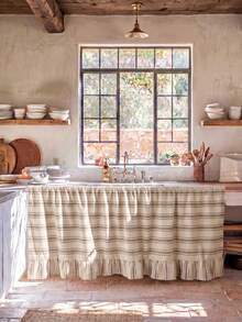 1/2pcs Beige Light Brown Horizontal Striped Table Skirt, Rustic Country Style Fabric Material, Rectangular Top With Pleated Details And Bottom Ruffle Hem, Concealment And Decorative Function, Suitable For Entryway Console Table Cover And Natural Rustic Home Decor - milk coffee color - View 10