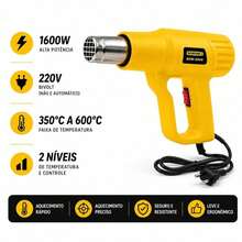 Soprador Térmico 1600W 220V Pistola de Ar Quente 2 Níveis 350°C a 600°C para Remover Tinta e Moldar PVC - Amarelo - Visão 3