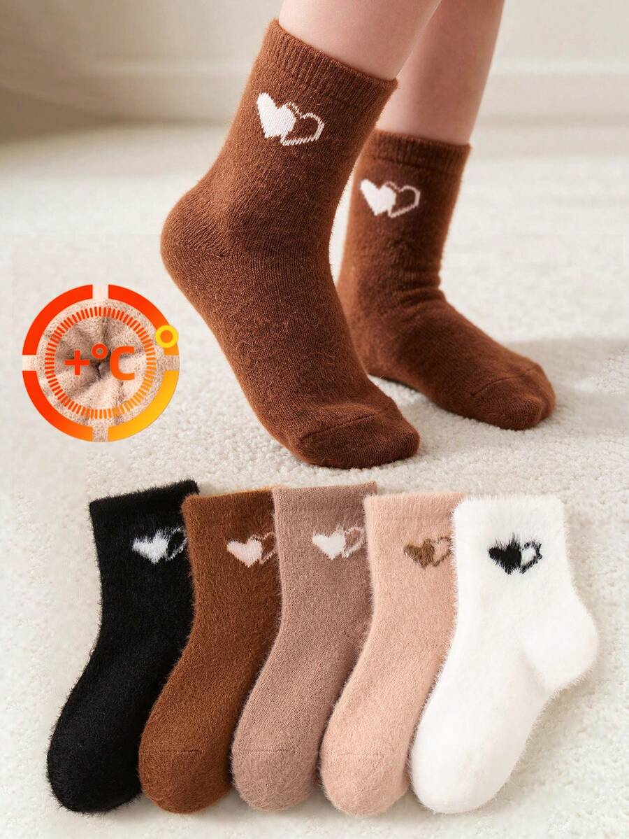 5 Packs Of Children's Plush Warm Mid-Calf Socks, Earth-Toned Heart Pattern, Soft And Comfortable, Warm Children's Casual Home Socks For Winter. - Multicolor - View 1