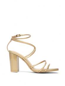 French Luxury Gold Wrap Strap Sandals, Square Toe Open Toe, Multi-Layer Thin Straps Around Ankle, Metal Buckle Adjustable, Stable Chunky Heel Moderate Height, Shiny Gold High-End Elegant, Suitable For Evening Party, Wedding, Birthday Gathering, Pair With Formal Dress, Easily Create Atmosphere, Soft Footbed, Reduce Friction, Flatter Foot Shape And Slimming, Versatile For Commute, Date And Other Occasions - Gold - View 7