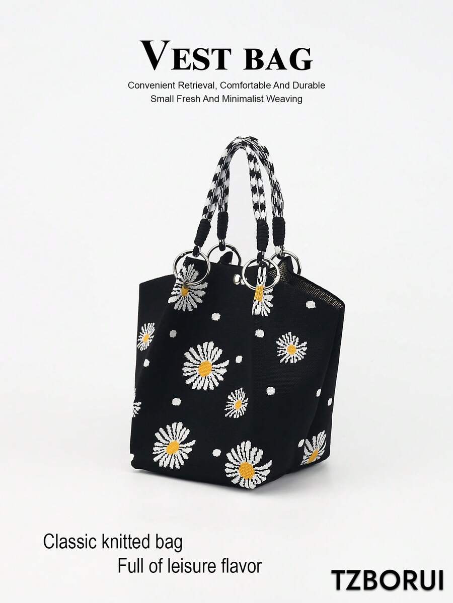Cute Cartoon Multi-Color Knot Decor Large Capacity Bucket Bag, Handheld Tote, Elegant Multifunctional Travel Handbag - Black - View 1
