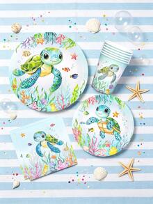 10/20/50/80pcs Light Green Turtle Theme Party Paper Supplies, Ocean Theme Tableware Set - Turtle Pattern, Seaweed Pattern, Starfish Pattern, Bottom Fish Pattern 7/9 Inch Paper Plates, Paper Cups, 6.5 Inch Napkins, Suitable For Birthday, Baby Shower, Turtle Theme Party Decoration - Multicolor - View 5