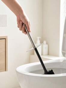 1pc Matte Black Square Toilet Brush Set, Tall Straight Handle Bathroom Cleaning Tool With Base, Modern Rust-Proof Accessory, Random Color And Style - Multicolor - View 6