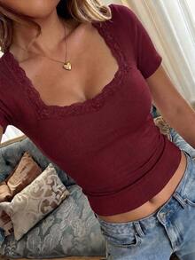 NOIRLYN Women's T-Shirt Summer Y2K Sexy Lace Patchwork Casual Square Neck Short Sleeve Top - Burgundy - View 7
