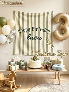 客製化姓名條紋生日背景布，個性化生日快樂拍照背景，客製文字派對掛布，適用於室內外生日派對牆面裝飾，乙烯基材質 - 彩色 - 查看 4
