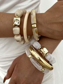 3pcs Vintage Exaggerated Glamorous ABS Resin Gold Bangle And Beige Elastic Bracelet Set Suitable For Women Daily Wear, Party, Date, Wedding, Festival, Gift - Multicolor - View 2